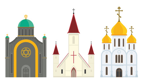 Disegno di una chiesa, di una sinagoga e di una moschea