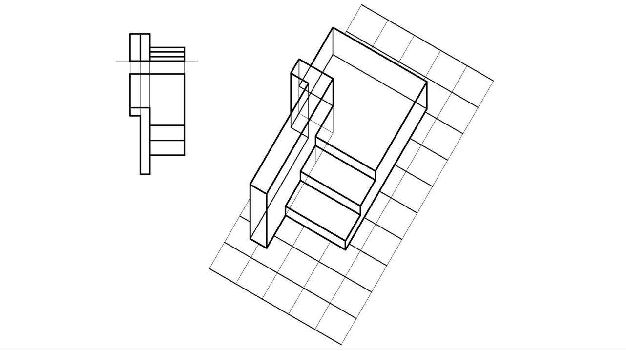 Assonometria monometrica di una struttura architettonica.