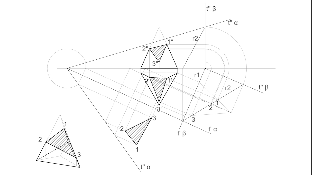Assonometria e proiezioni ortogonali di una piramide a base triangolare equilatera sezionata con un piano generico.
