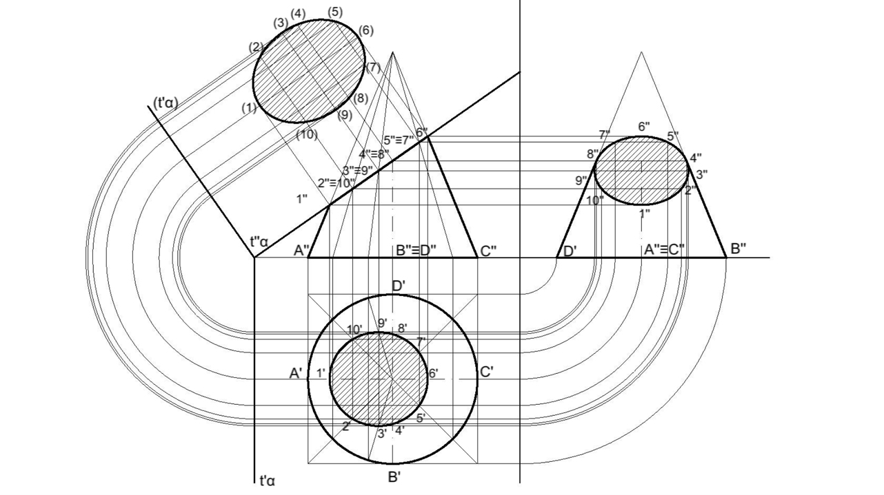 Proiezioni ortogonali di un cono retto sezionato con un piano obliquo al P.O. e al PL, perpendicolare al P.V. Ricerca della vera dimensione della sezione.