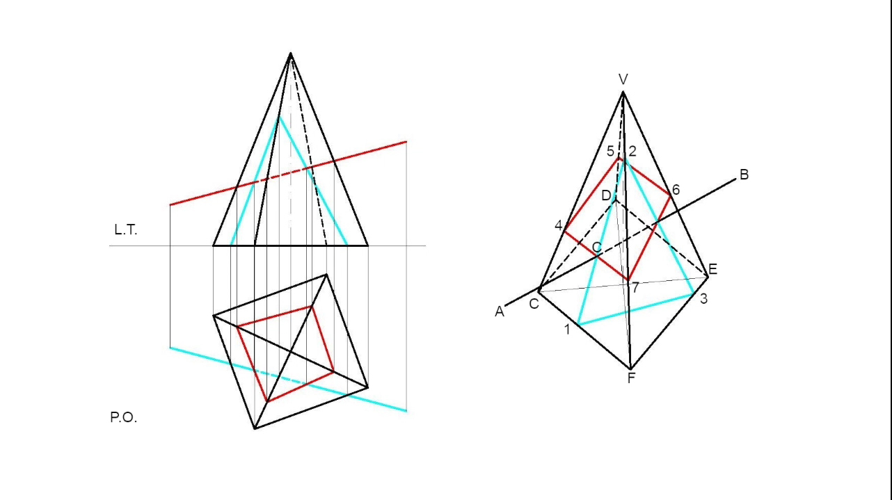 Intersezione di un segmento AB comunque inclinato e una piramide a base quadrata.