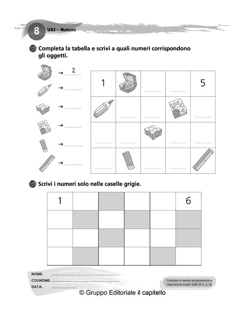 Completa la tabella e scrivi a quali numeri corrispondono
 gli oggetti.