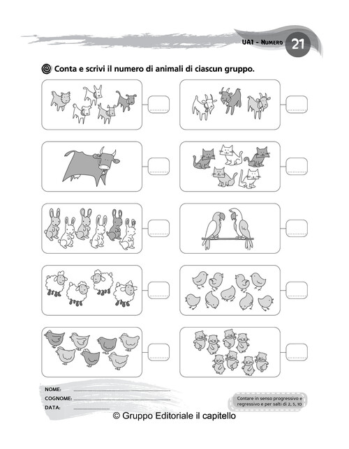 Conta e scrivi il numero di animali di ciascun gruppo.