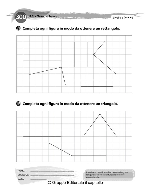 Completa ogni figura in modo da ottenere un rettangolo o un triangolo.