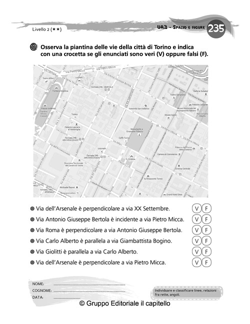Osserva la piantina delle vie della città di Torino e indica
 con una crocetta se gli enunciati sono veri (V) oppure falsi (F).