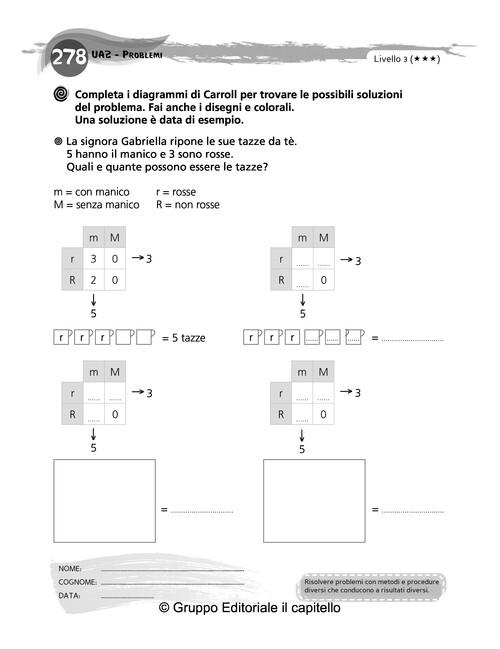 Completa i diagrammi di Carroll per trovare le possibili soluzioni del problema. Fai anche i disegni e colorali.